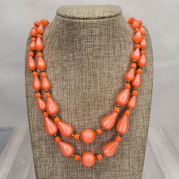 Vintage 70s Bright Double Strand Coral Orange Moonglow Lucite and Glass Necklace - Picture 1 of 9